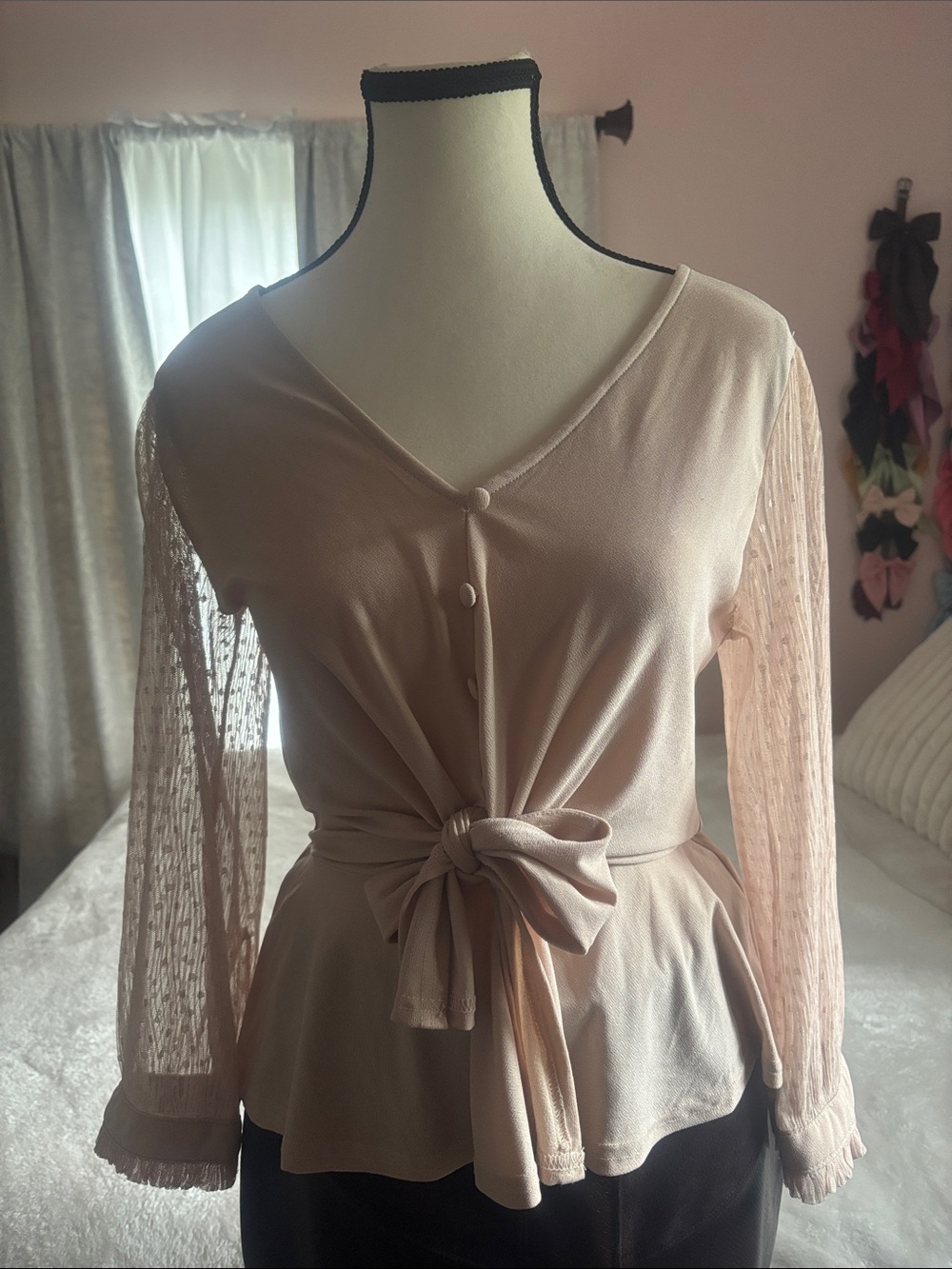 Women's Blush Tie-Front Blouse with Lace Sleeves
